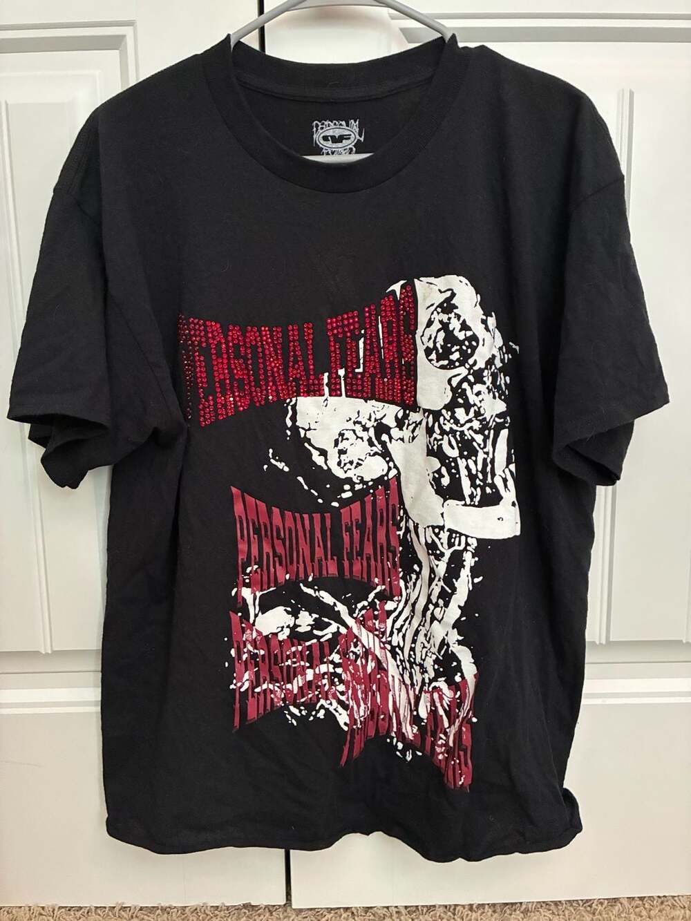 Personal Fears Black T-Shirt with Red Rhinestone Lettering and Skull Graphic, Si